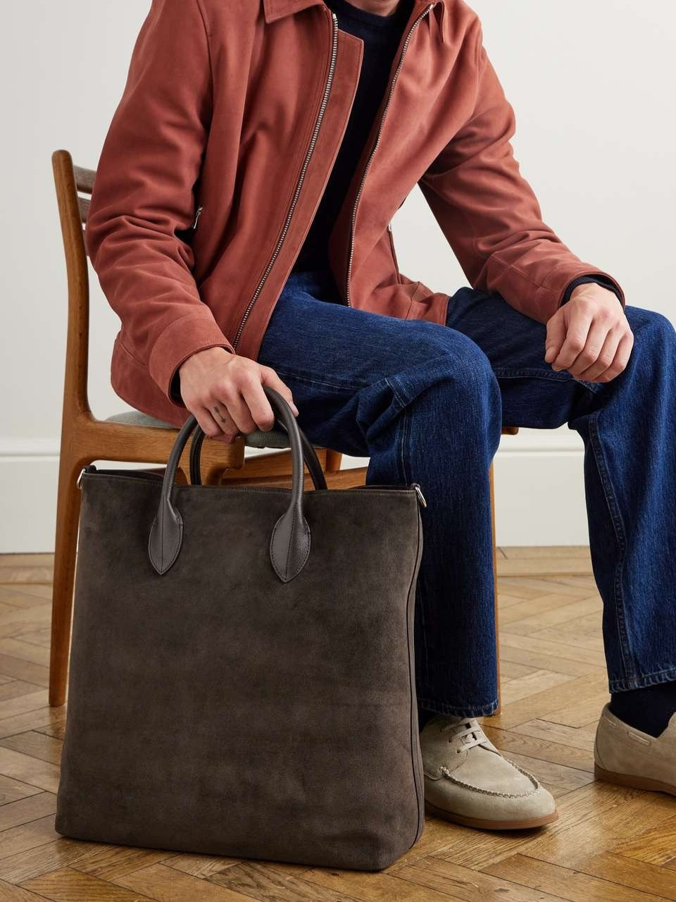 Full Grain Leather-Trimmed Suede Tote