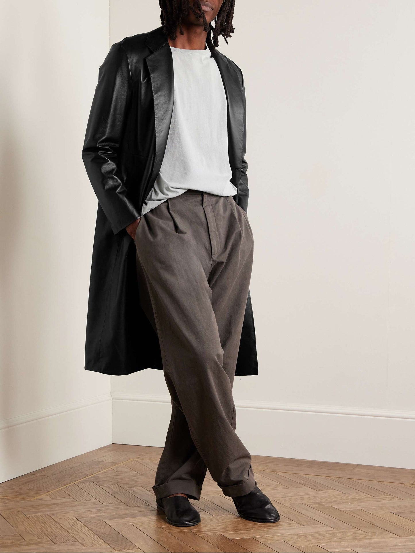 ALCAPONE Men Long Leather Coat